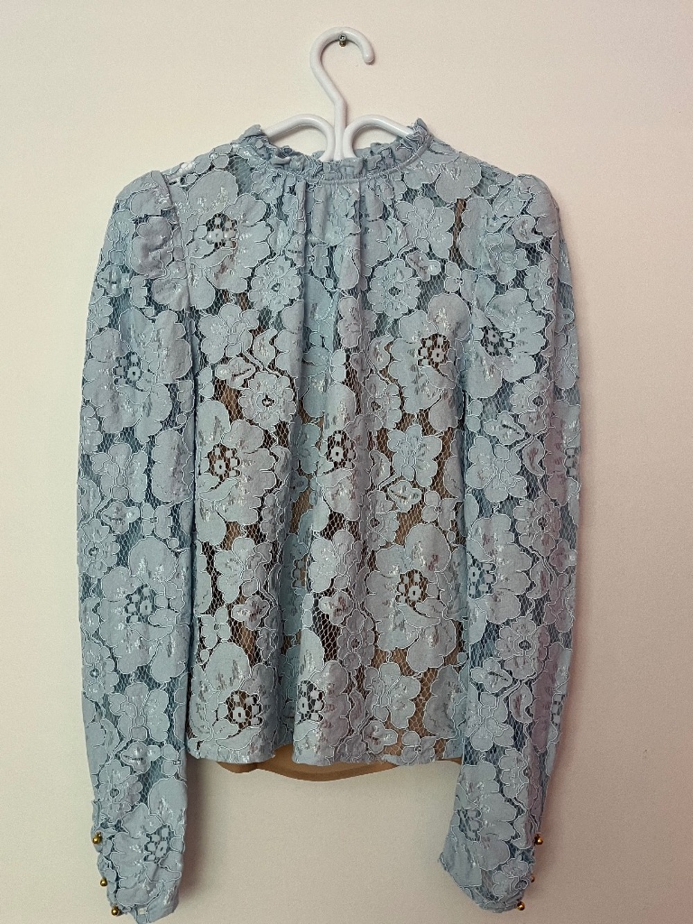 Wayf Sky Blue Ruffle Neck Long Sleeve Lace Top